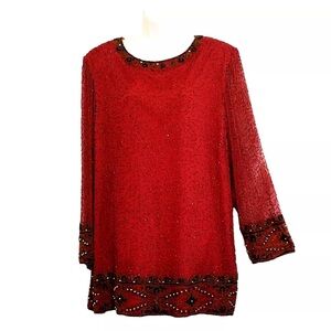 Vintage Lawrence Kazar Elegant Red Beaded Blouse